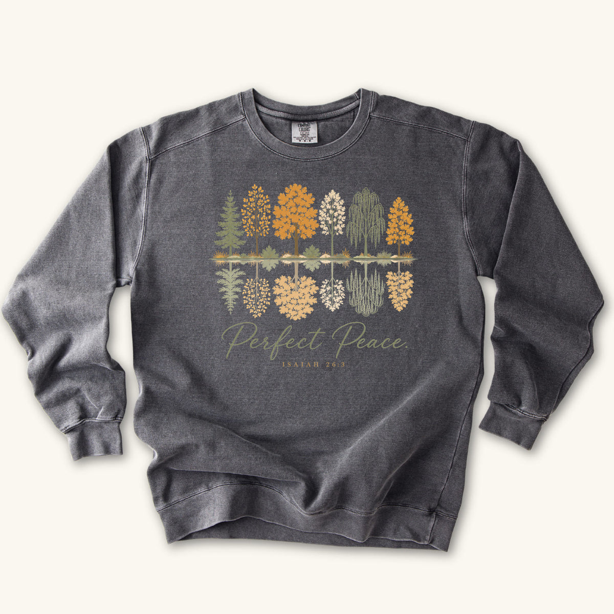 Pepper Perfect Peace sweatshirt flat lay mockup, Isaiah 26:3 Christian apparel for women