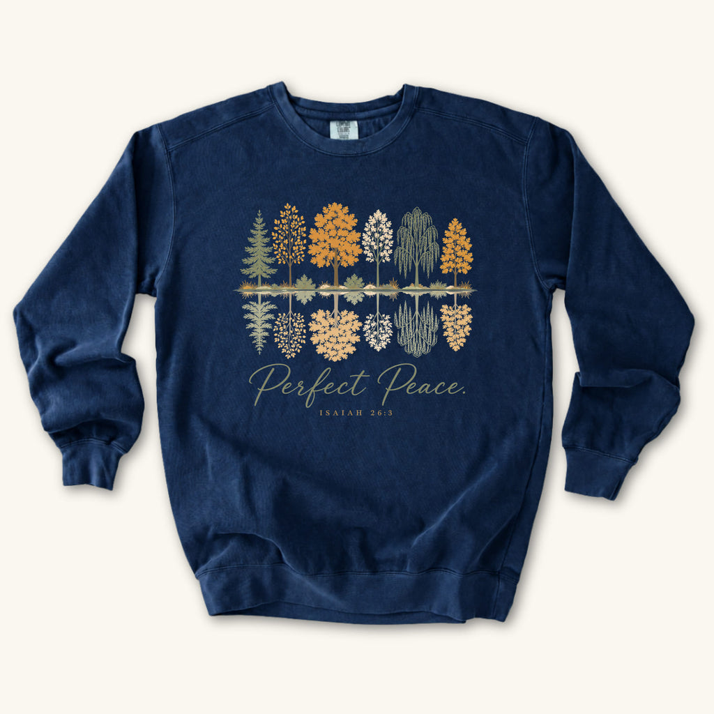 True Navy Perfect Peace sweatshirt flat lay mockup, Isaiah 26:3 Christian apparel for women