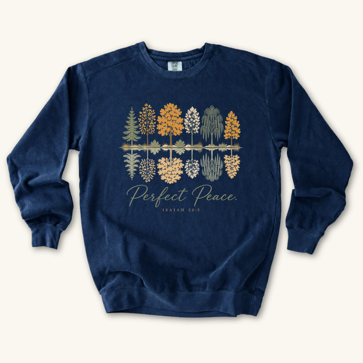 True Navy Perfect Peace sweatshirt flat lay mockup, Isaiah 26:3 Christian apparel for women