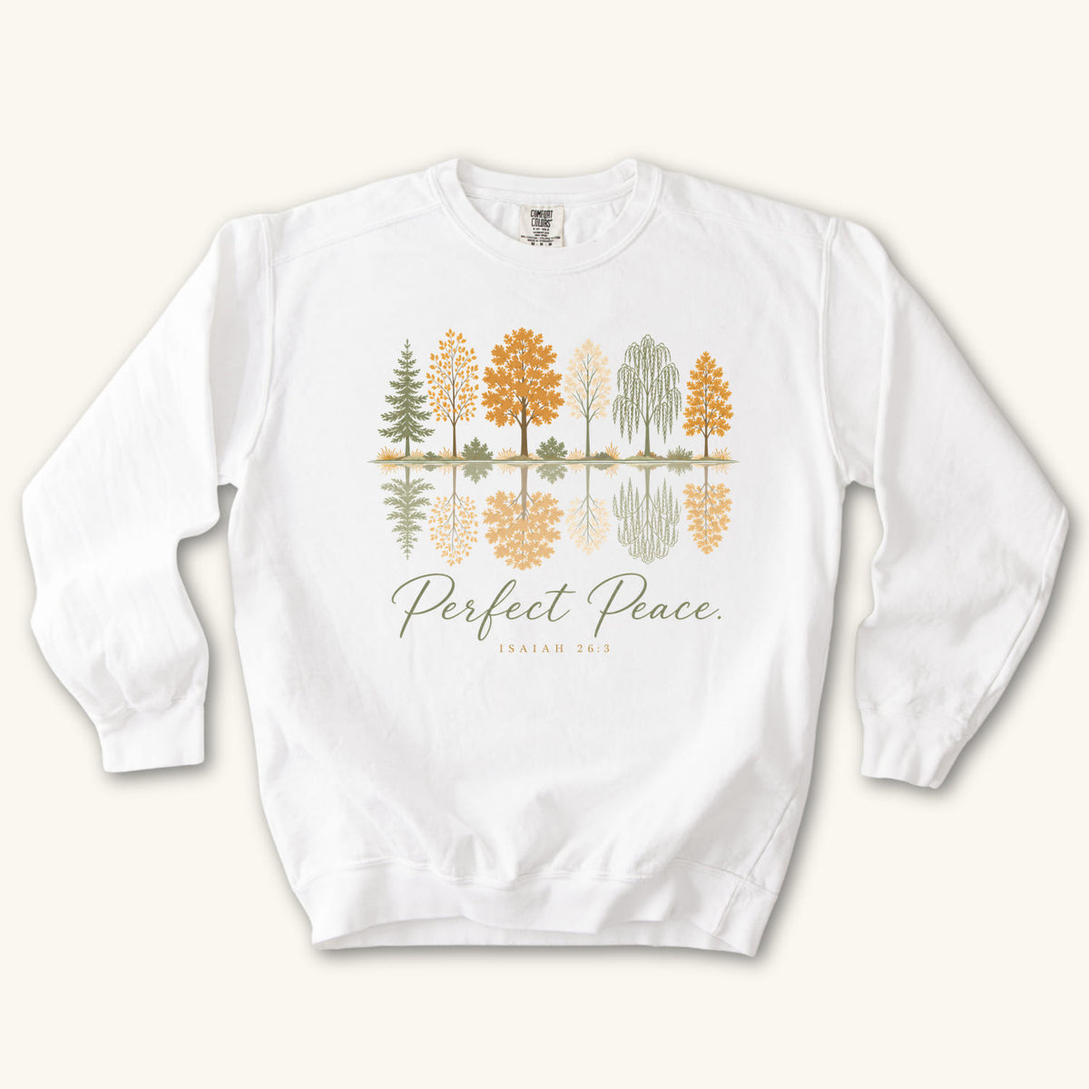 White Perfect Peace sweatshirt flat lay mockup, Isaiah 26:3 Christian apparel for women