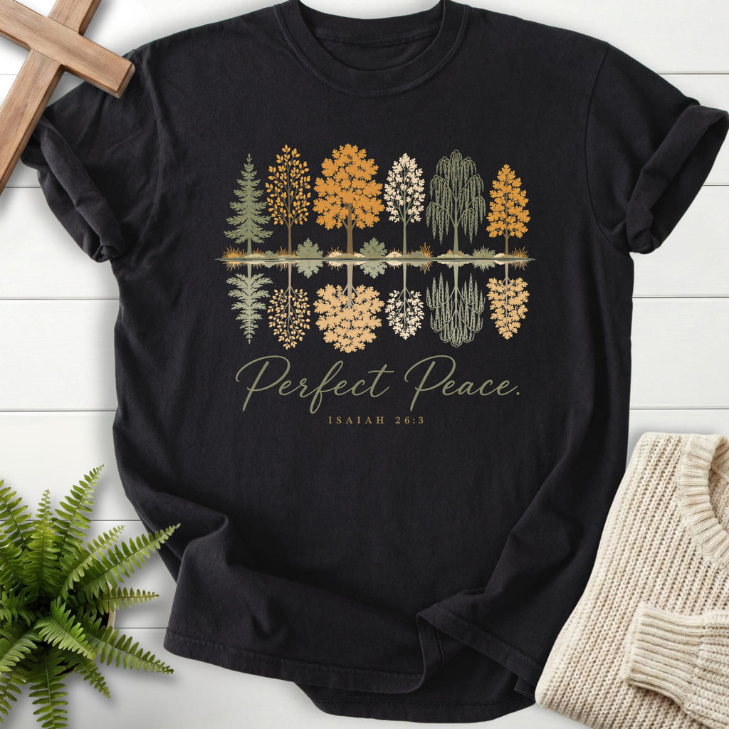 Flat lay of a Black Christian shirt featuring script typography with "Perfect Peace Isaiah 26:3 T-Shirt" Isaiah 26:3.