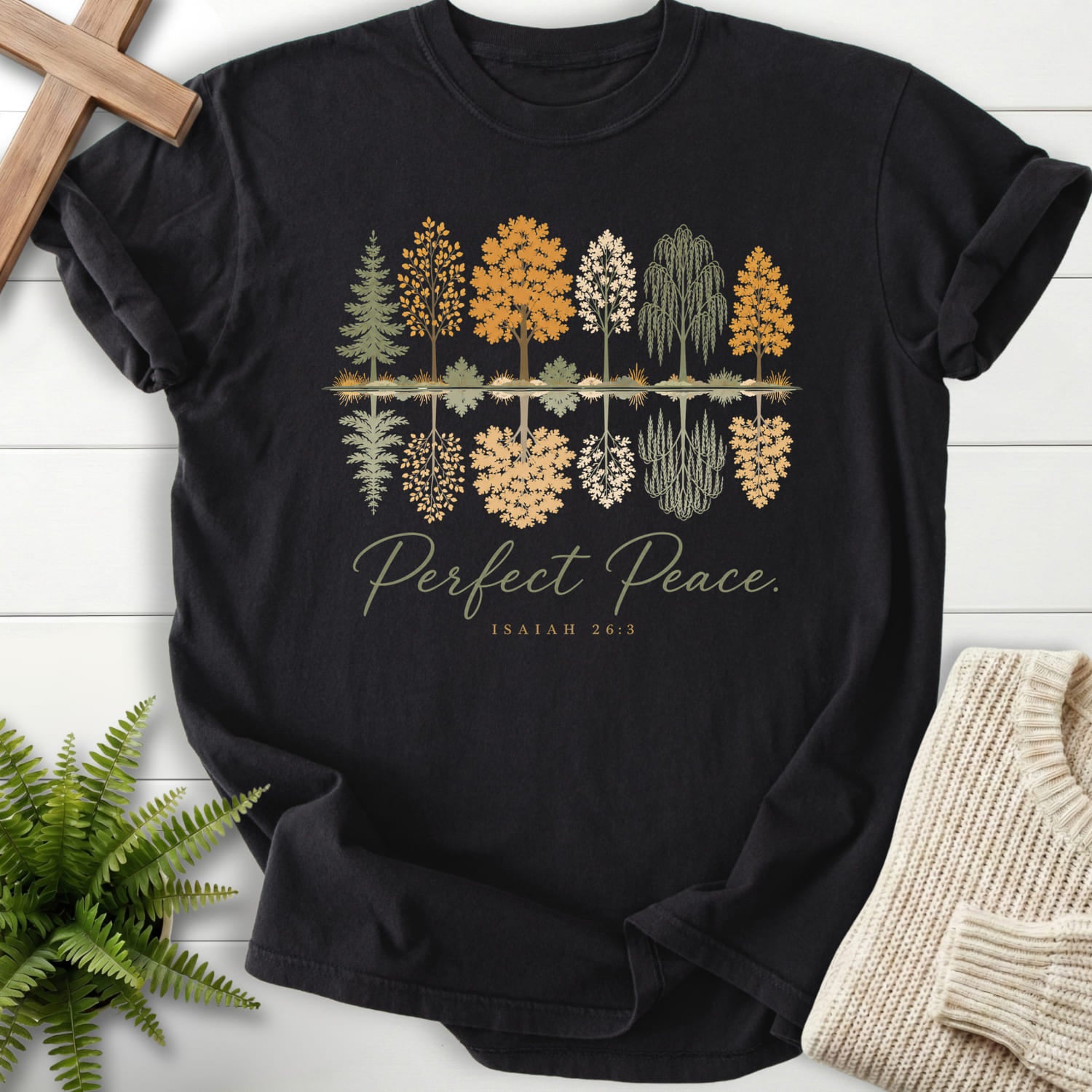 Flat lay of a Black Christian shirt featuring script typography with "Perfect Peace Isaiah 26:3 T-Shirt" Isaiah 26:3.