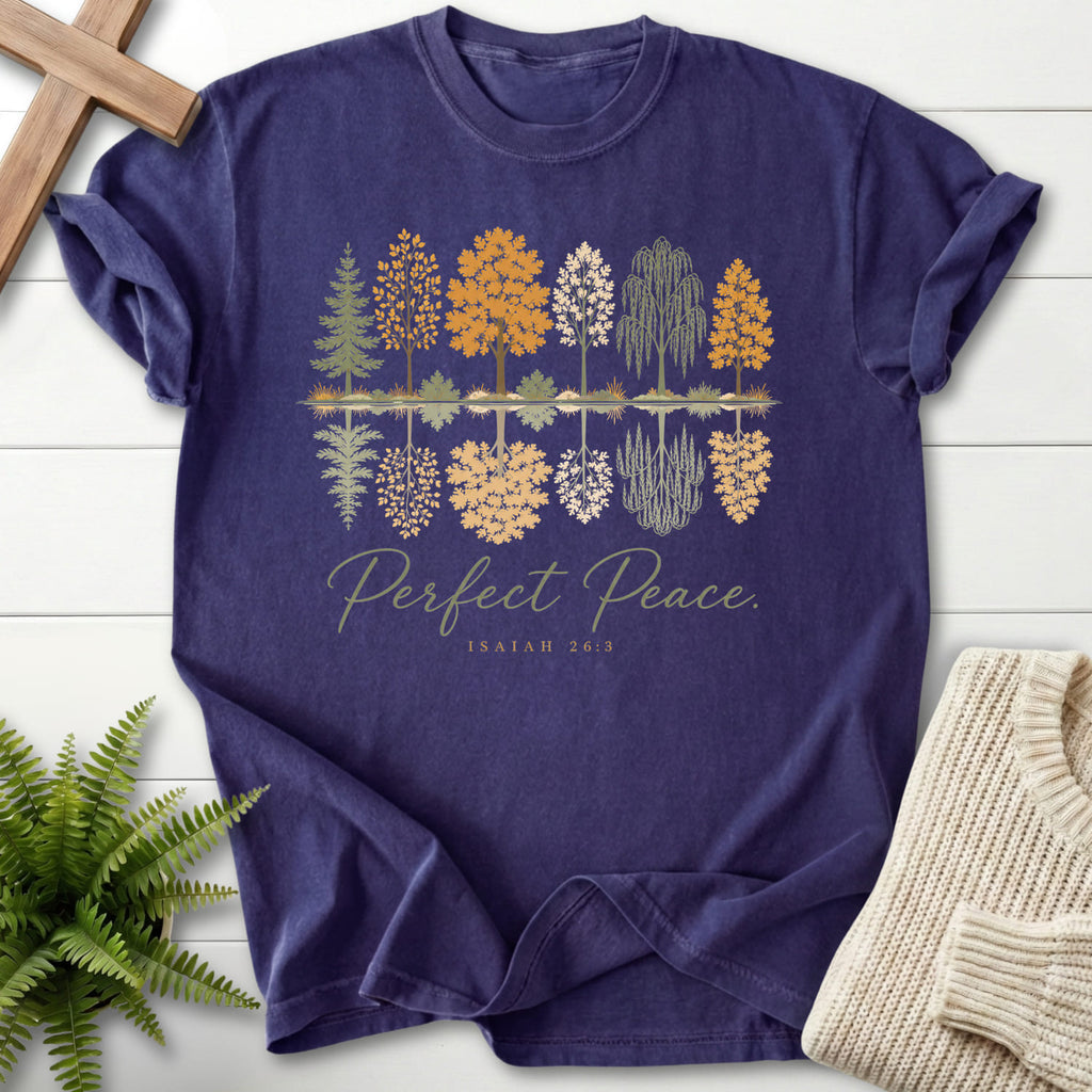 Grape color option for the Perfect Peace Isaiah 26 3 faith-based tee with script typography with "Perfect Peace Isaiah 26:3 T-Shirt" Isaiah 26:3.