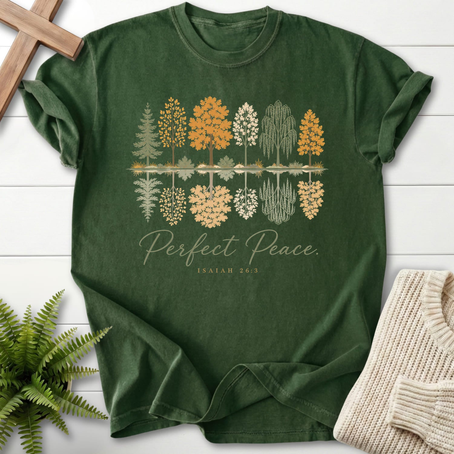 Flat lay of a Hemp Scripture shirt featuring script typography with "Perfect Peace Isaiah 26:3 T-Shirt" Isaiah 26:3.