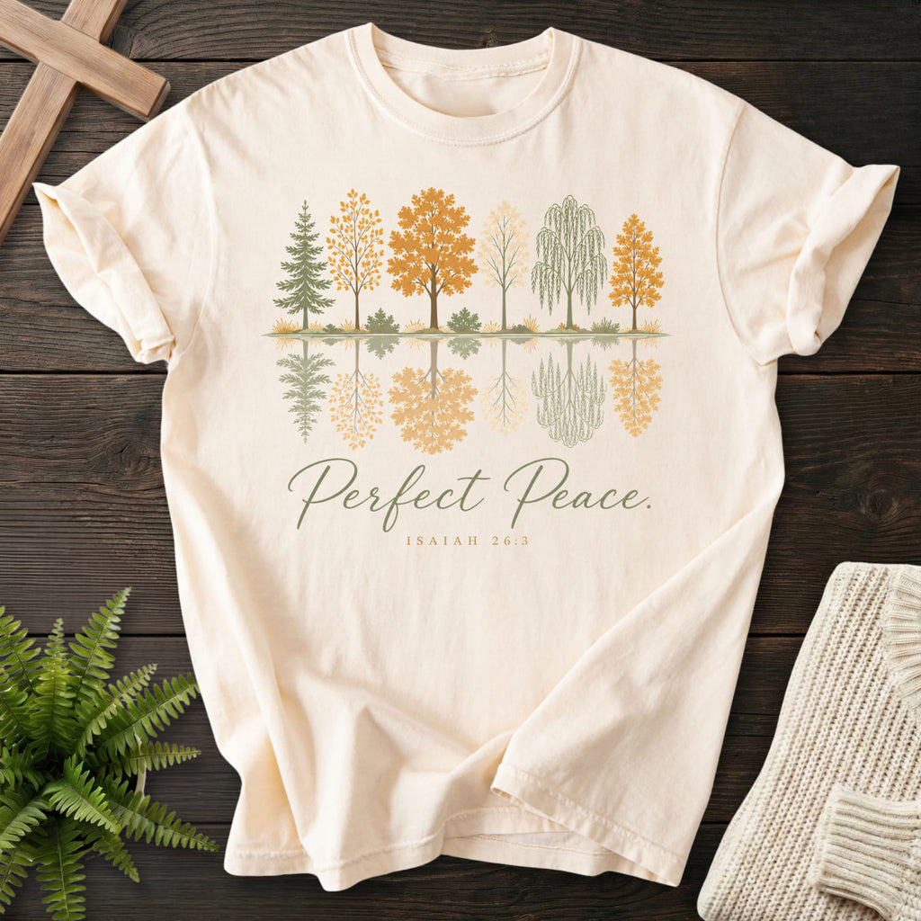 Flatlay of an Ivory Bible verse tee with script typography with "Perfect Peace Isaiah 26:3 T-Shirt" Isaiah 26:3.