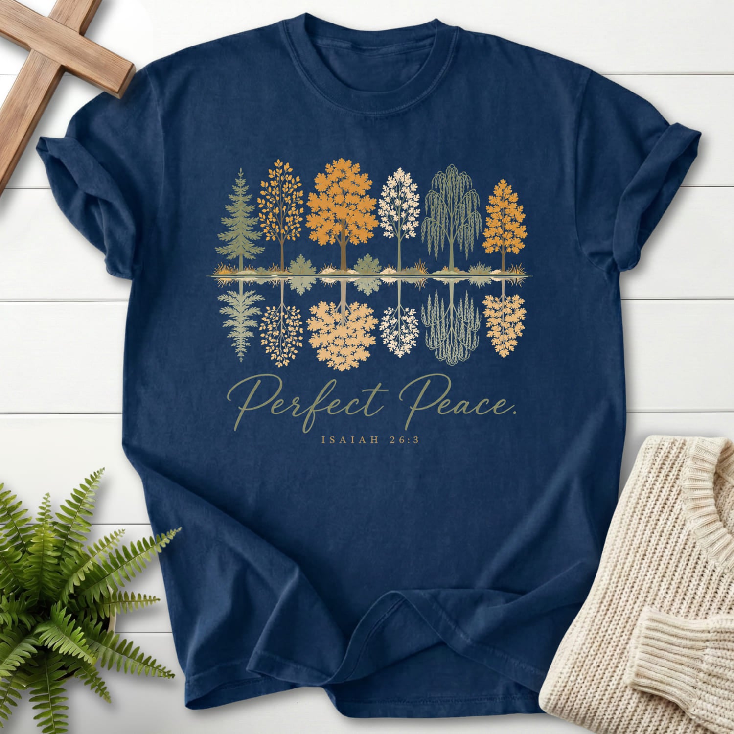 Navy color option for the Perfect Peace Isaiah 26 3 tee with script typography with "Perfect Peace Isaiah 26:3 T-Shirt" Isaiah 26:3 from Printify.
