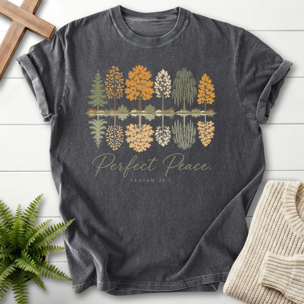 Flat lay of a Pepper Comfort Colors 1717 garment-dyed Christian tee featuring script typography with "Perfect Peace Isaiah 26:3 T-Shirt" Isaiah 26:3.