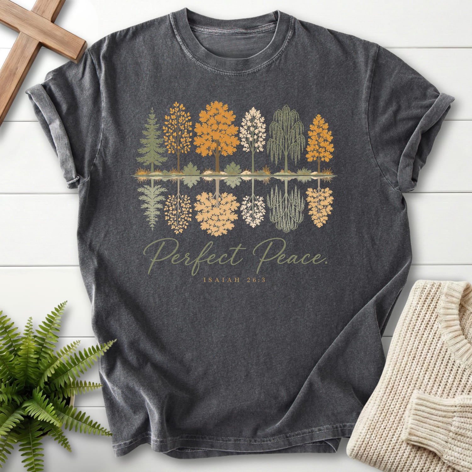 Flat lay of a Pepper Comfort Colors 1717 garment-dyed Christian tee featuring script typography with "Perfect Peace Isaiah 26:3 T-Shirt" Isaiah 26:3.