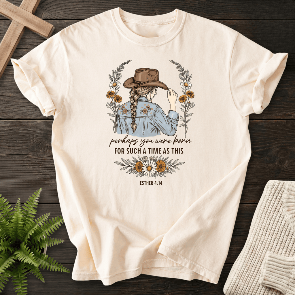 Ivory women's Christian t-shirt with illustrated cowgirl and wildflowers, inspired by Esther 4:14.