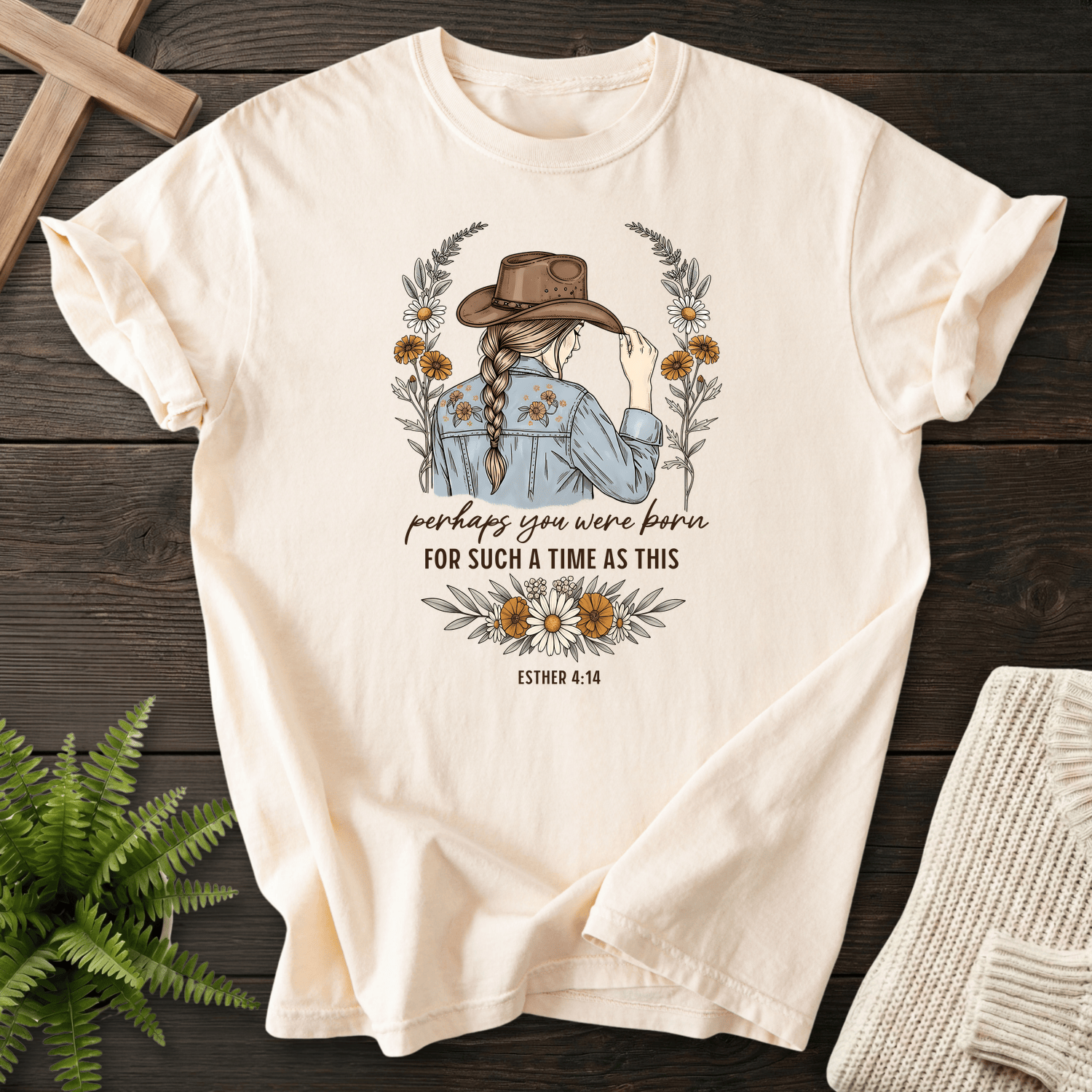 Ivory women's Christian t-shirt with illustrated cowgirl and wildflowers, inspired by Esther 4:14.