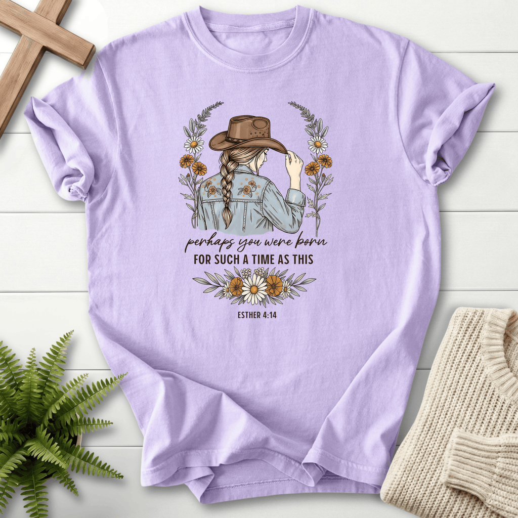 Orchid women's Christian t-shirt with braided woman, wildflowers, and "Perhaps You Were Born," inspired by Esther 4:14.