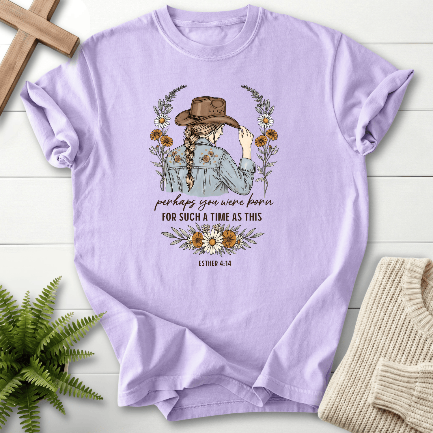 Orchid women's Christian t-shirt with braided woman, wildflowers, and "Perhaps You Were Born," inspired by Esther 4:14.
