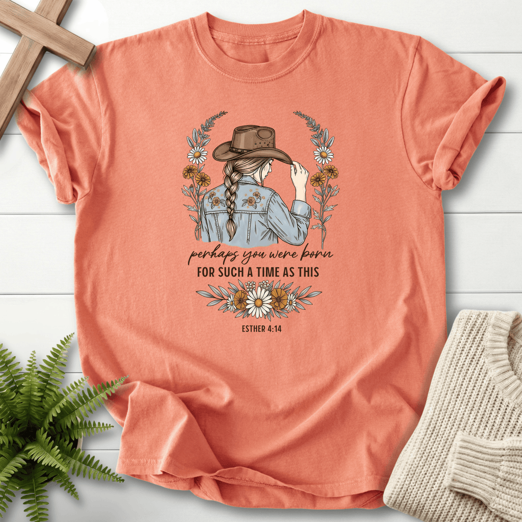Terracotta women's Scripture shirt with braided cowgirl and daisy motif, inspired by Esther 4:14.