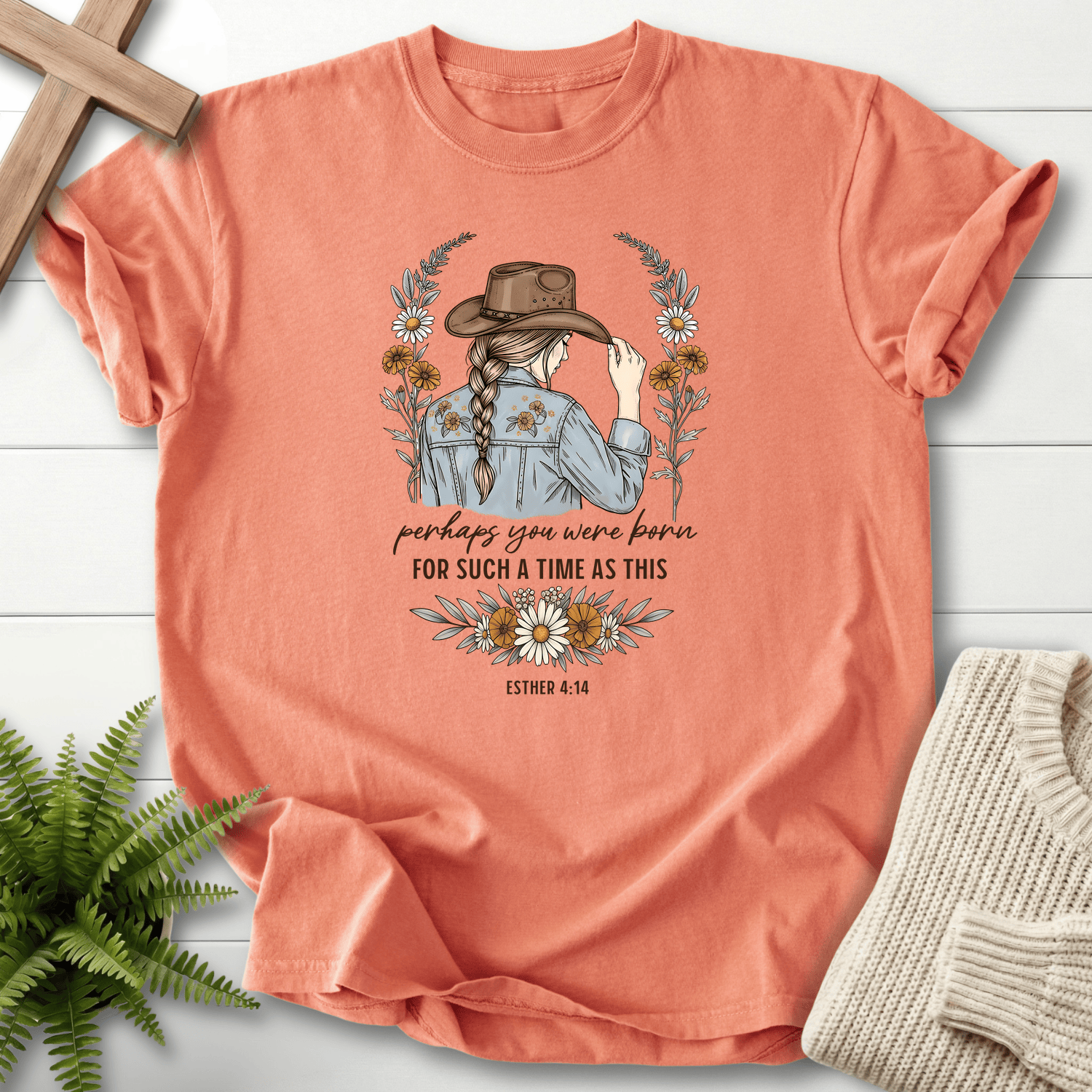 Terracotta women's Scripture shirt with braided cowgirl and daisy motif, inspired by Esther 4:14.