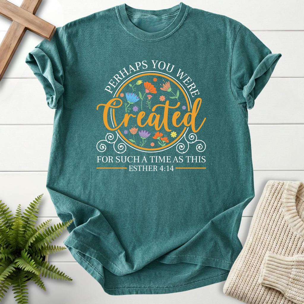 Blue Spruce women's Bible verse tee with colorful wildflower badge design, inspired by Esther 4:14.