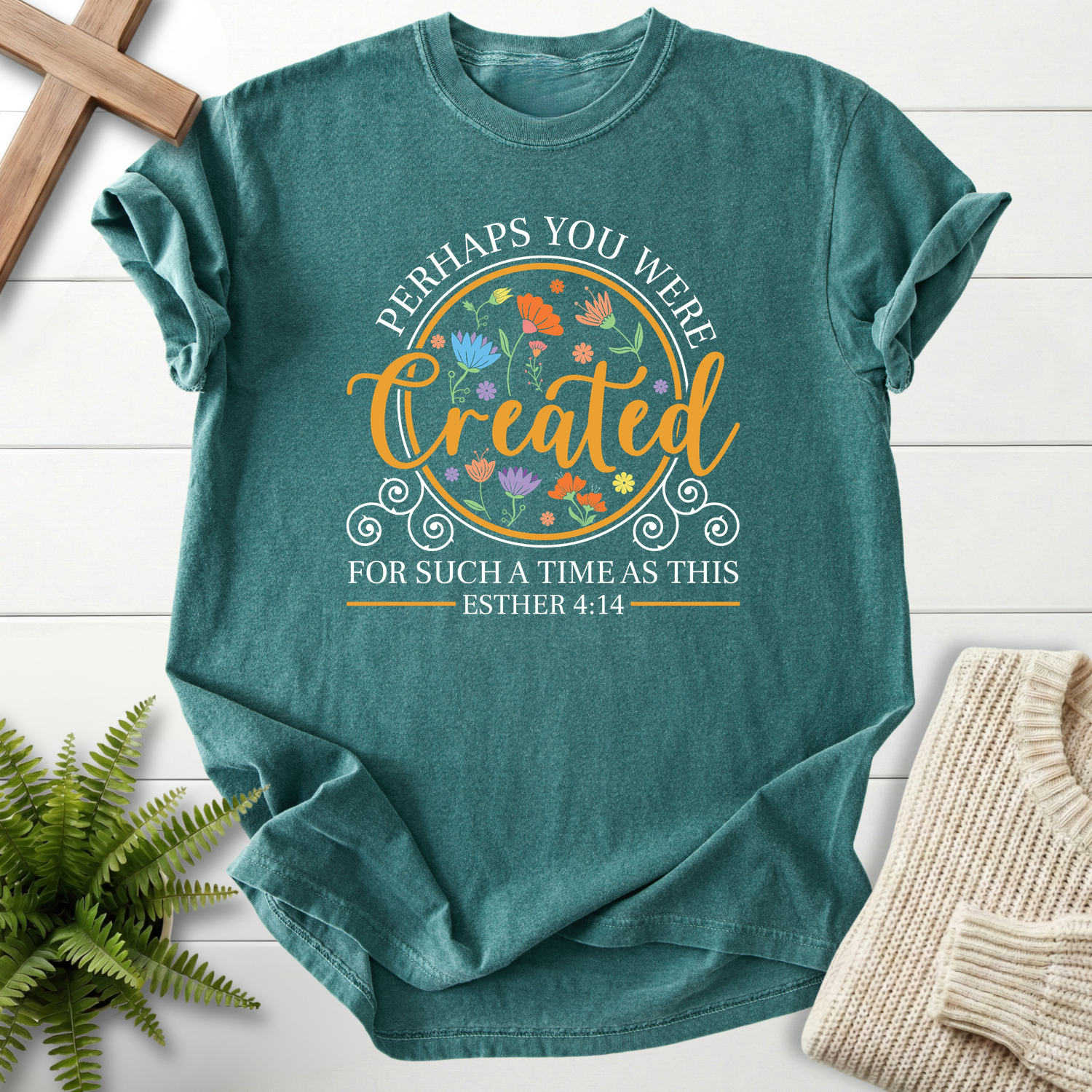 Blue Spruce women's Bible verse tee with colorful wildflower badge design, inspired by Esther 4:14.