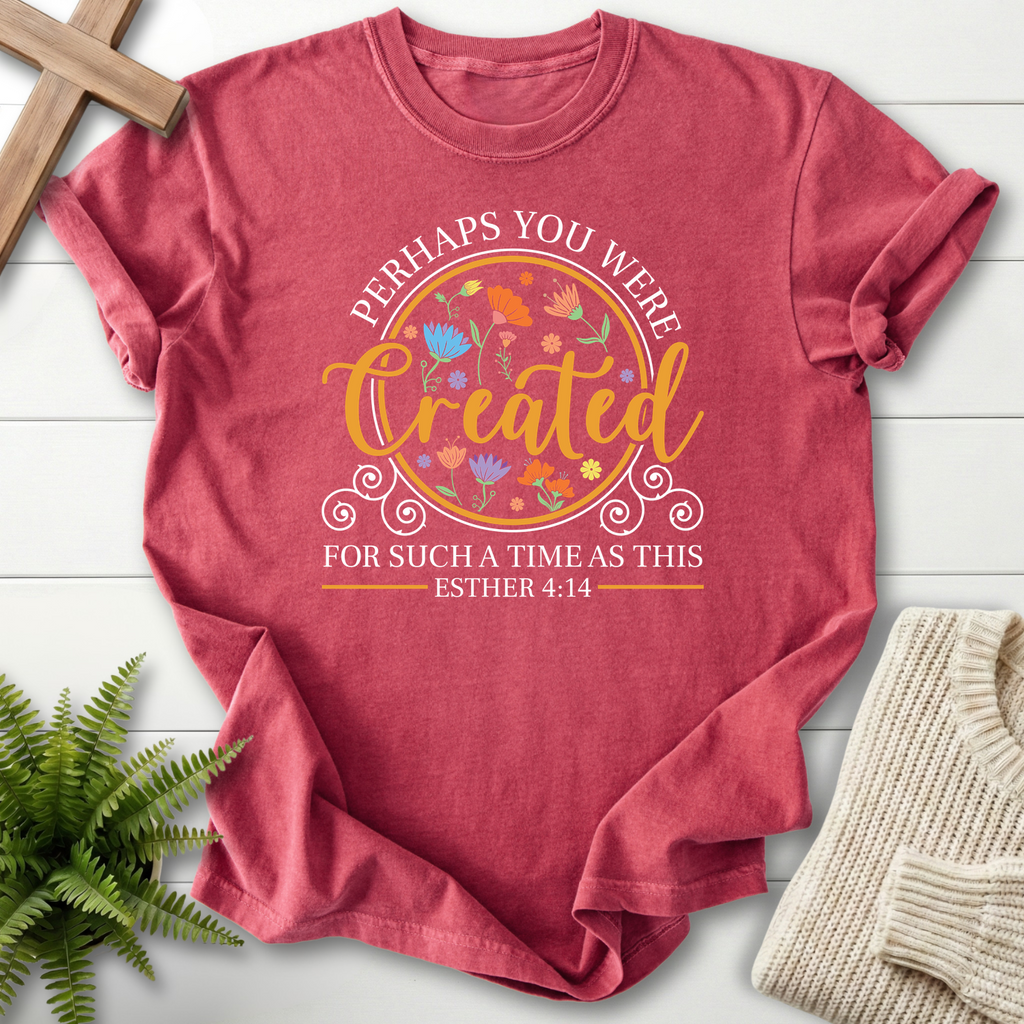 Crimson women's Christian t-shirt with floral medallion and "Created for Such a Time as This," inspired by Esther 4:14.