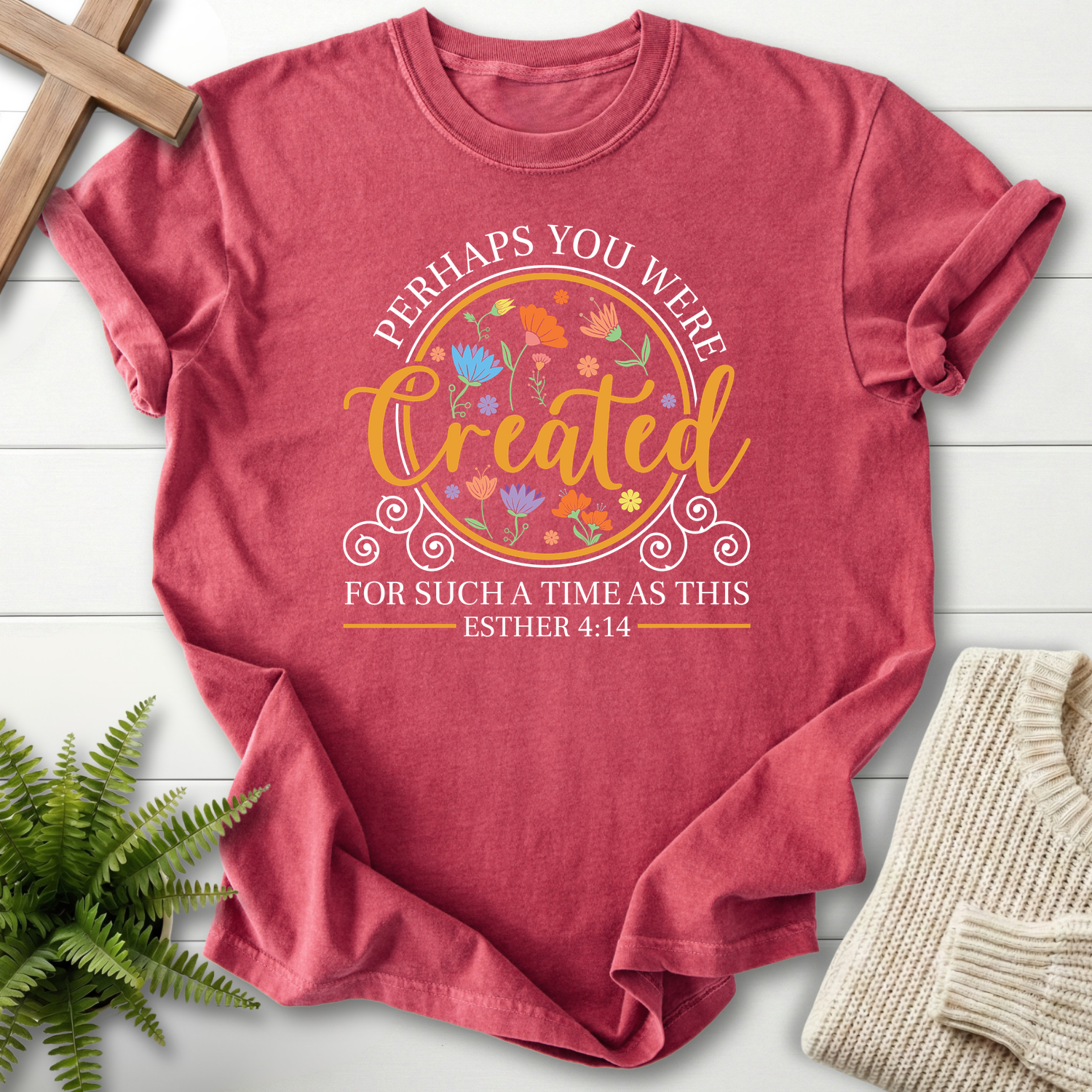 Crimson women's Christian t-shirt with floral medallion and "Created for Such a Time as This," inspired by Esther 4:14.