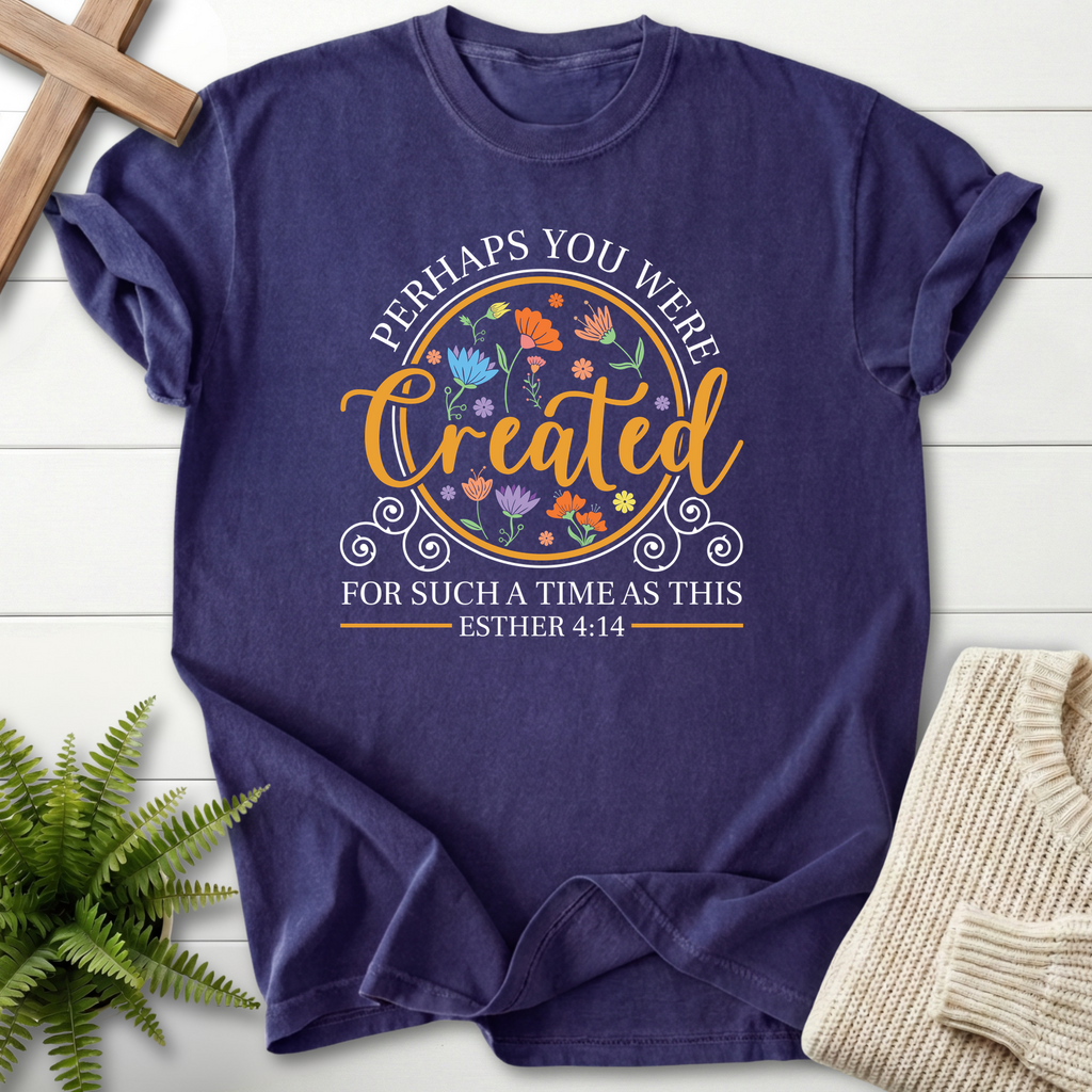 Grape women's Christian t-shirt with ornate flower circle and gold "Created" script, inspired by Esther 4:14.