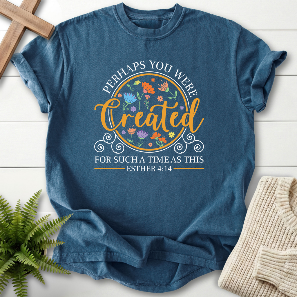 Midnight women's Christian t-shirt with colorful floral circle badge and "Created for Such a Time as This," inspired by Esther 4:14.