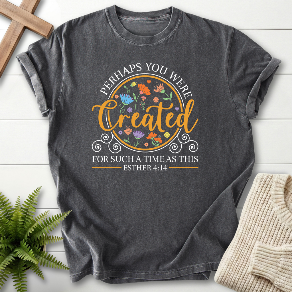 Pepper grey women's Scripture shirt with ornate floral circle and "Created for Such a Time as This," inspired by Esther 4:14.
