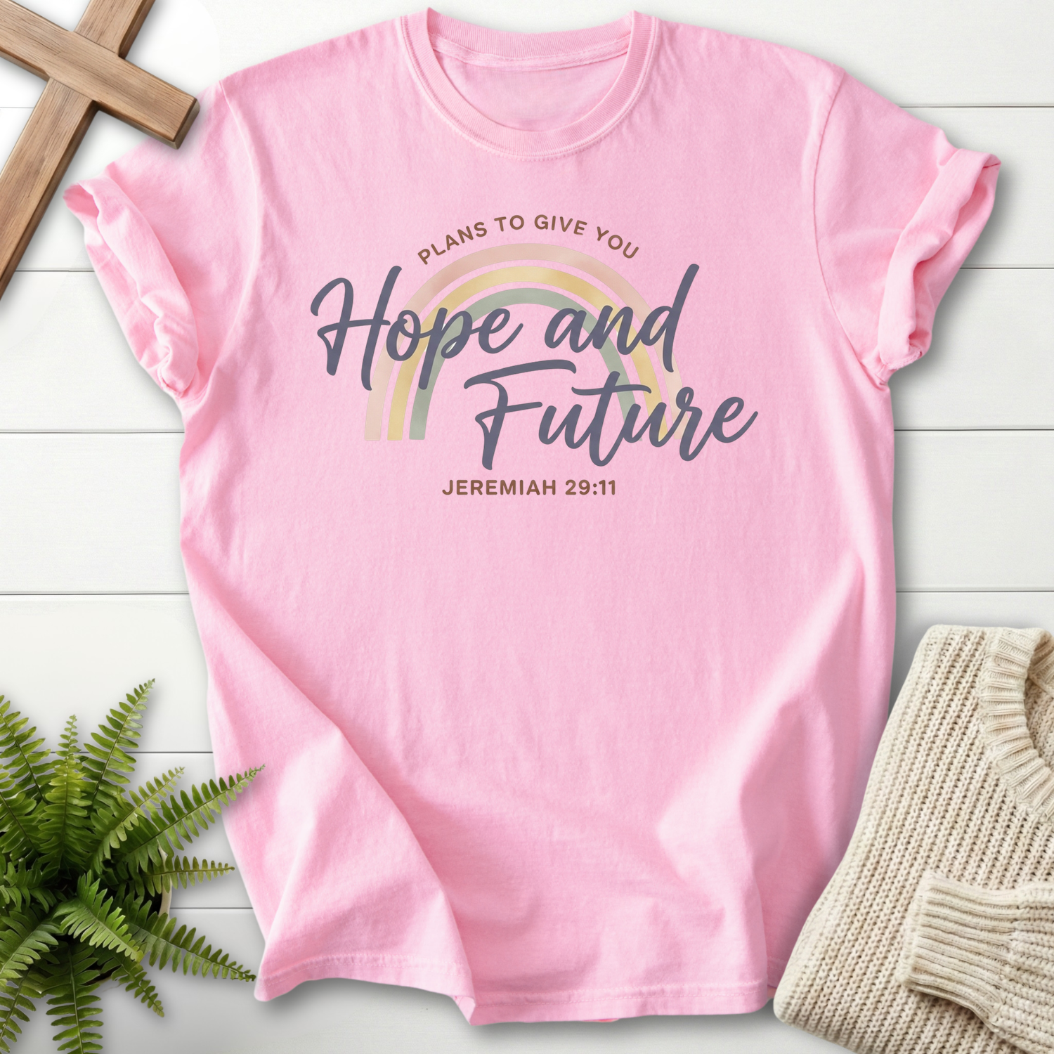 Blossom women's Scripture shirt with pastel rainbow and cursive "Hope and Future" lettering, inspired by Jeremiah 29:11.