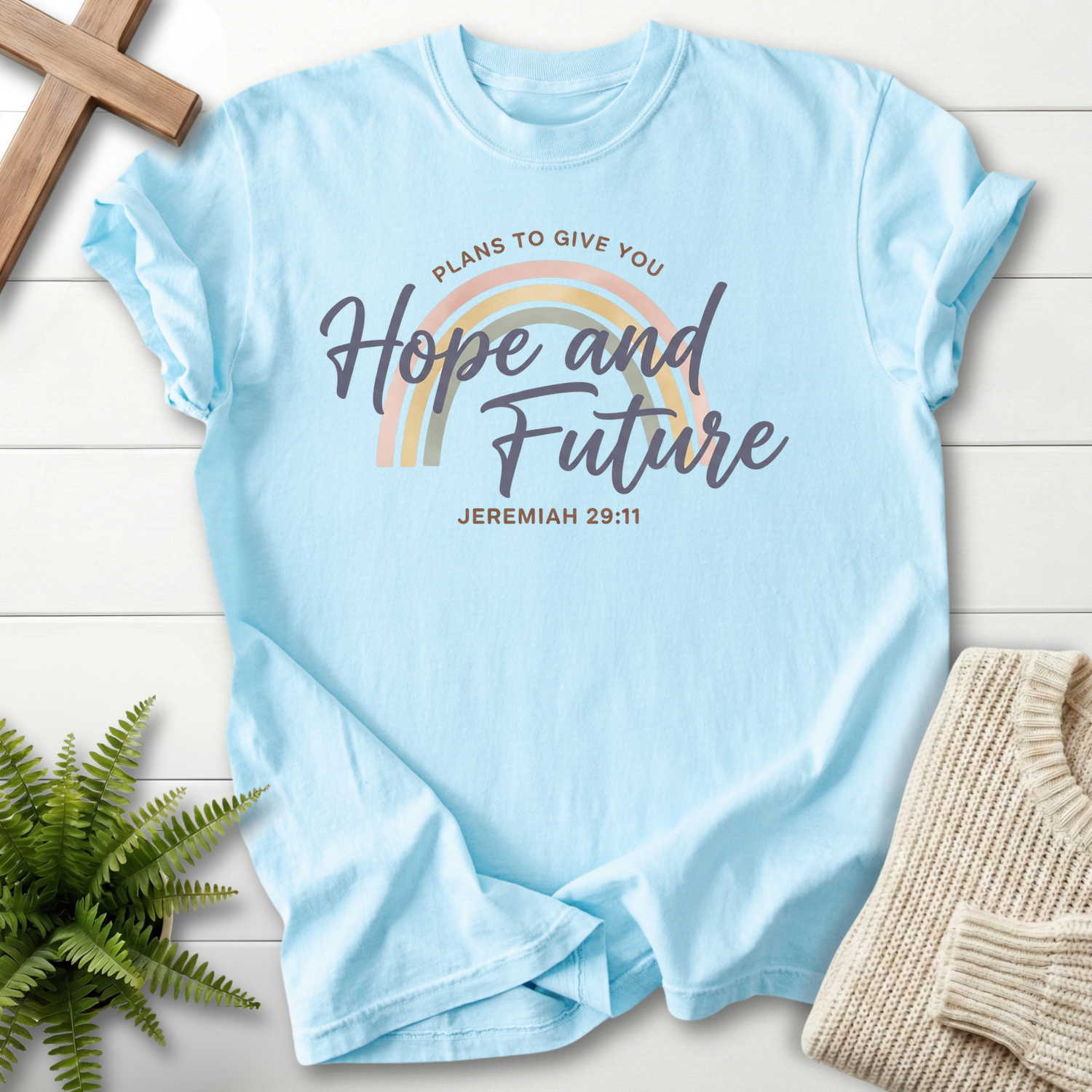 Chambray women's Bible verse tee with soft pastel rainbow and "Hope and Future" design, inspired by Jeremiah 29:11.