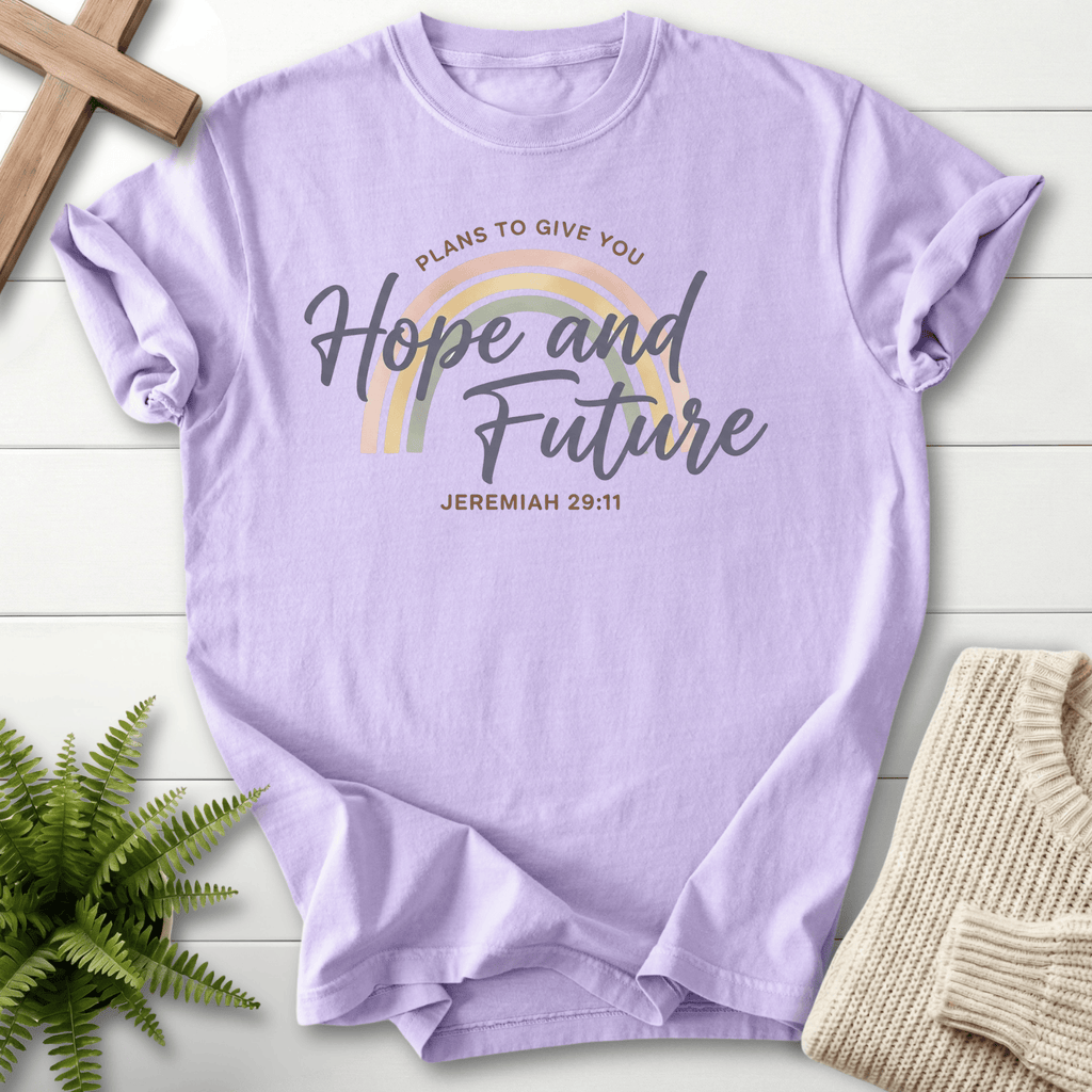 Orchid women's faith t-shirt with a soft rainbow arc and "Plans to Give You Hope and Future," inspired by Jeremiah 29:11.