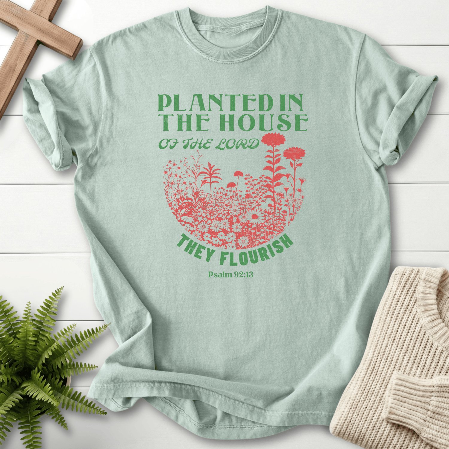 Bay women's faith t-shirt with botanical wildflower semicircle and "Planted in the House, They Flourish," inspired by Psalm 92:13.