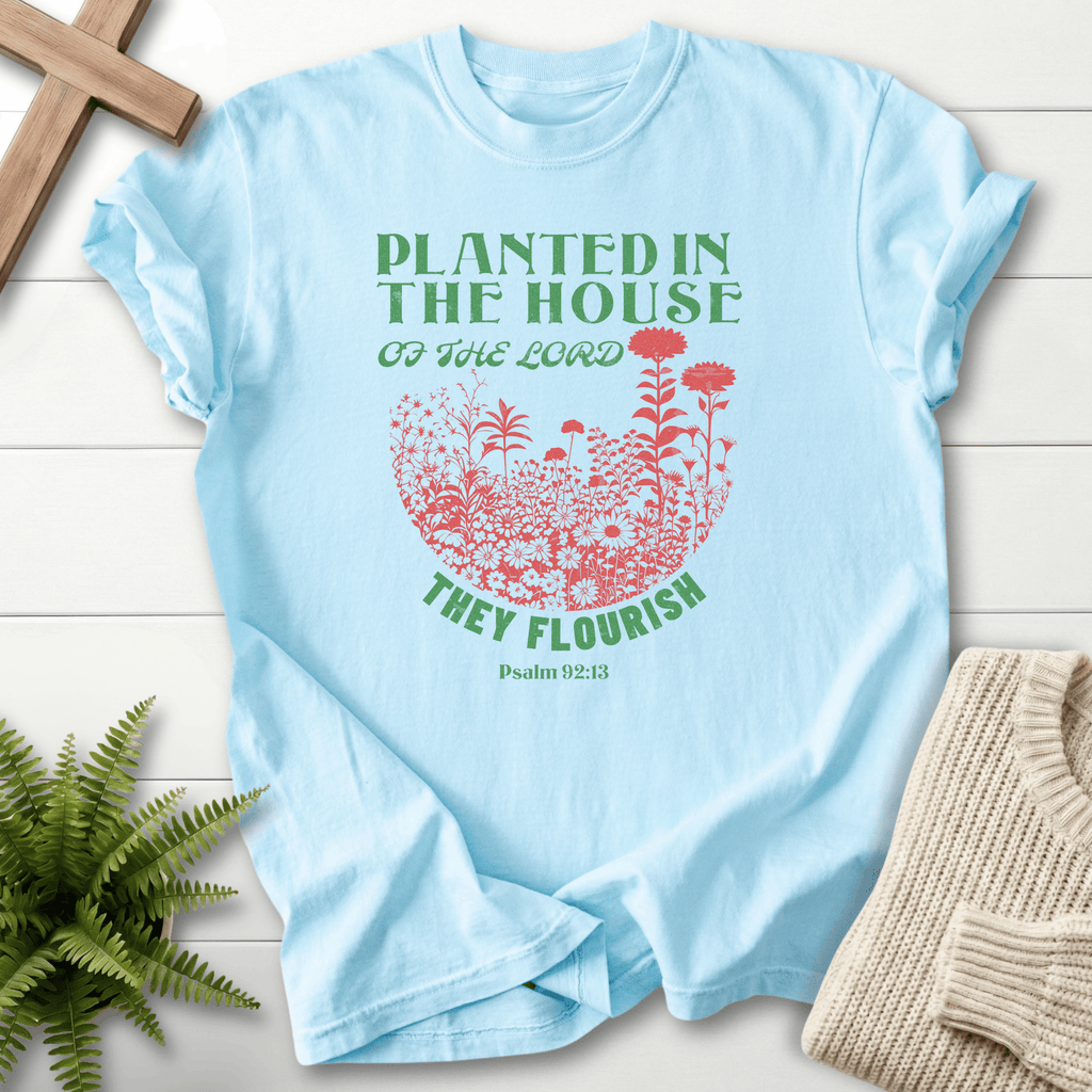 Chambray women's Bible verse tee with retro wildflower botanical and "Planted in the House," inspired by Psalm 92:13.