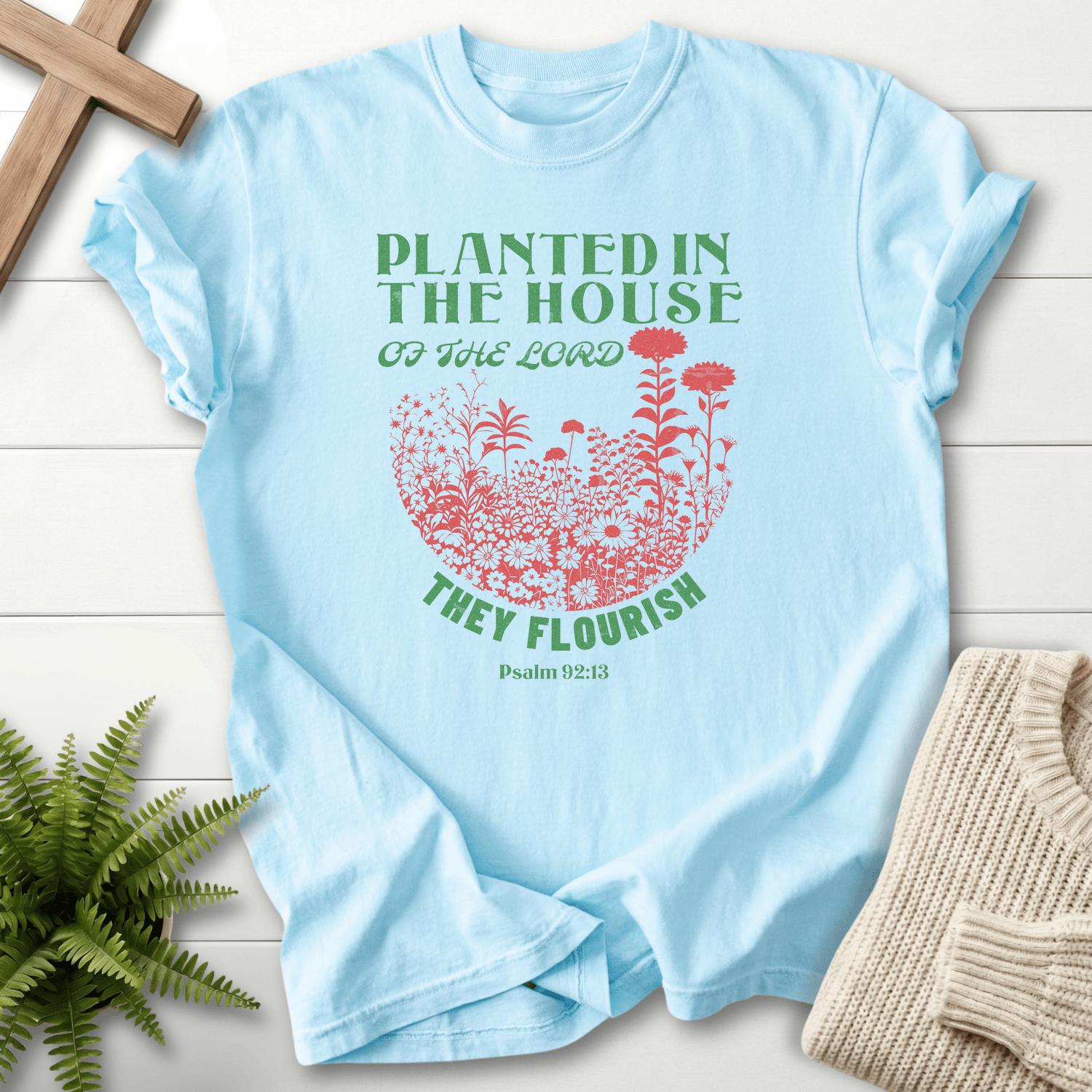 Chambray women's Bible verse tee with retro wildflower botanical and "Planted in the House," inspired by Psalm 92:13.