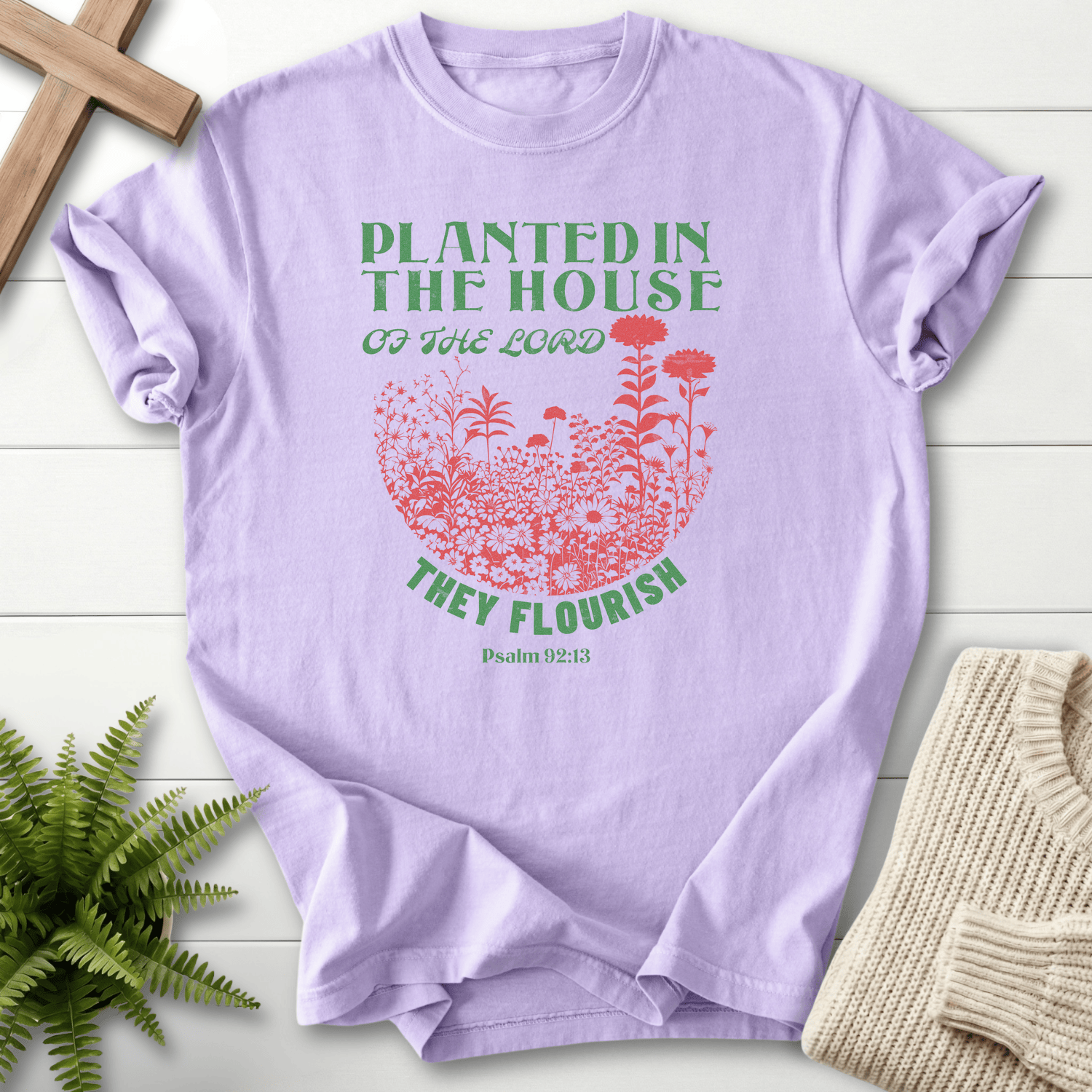 Orchid women's faith t-shirt with botanical floral garden and "Planted in the House, They Flourish," inspired by Psalm 92:13.