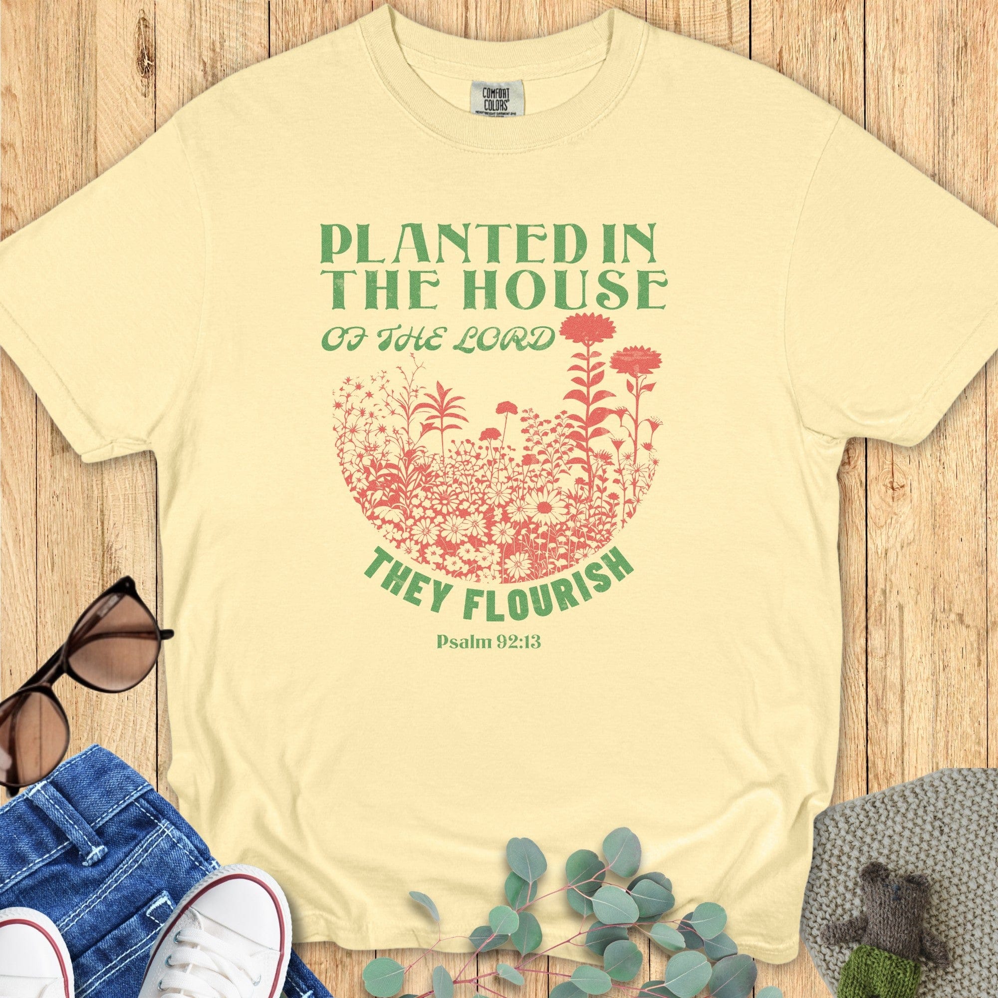Butter Yellow Comfort Colors 1717 tshirt with a retro flower illustration and "Planted in the House" lyrics. A sunny Christian women tee perfect for summer US faith wear.