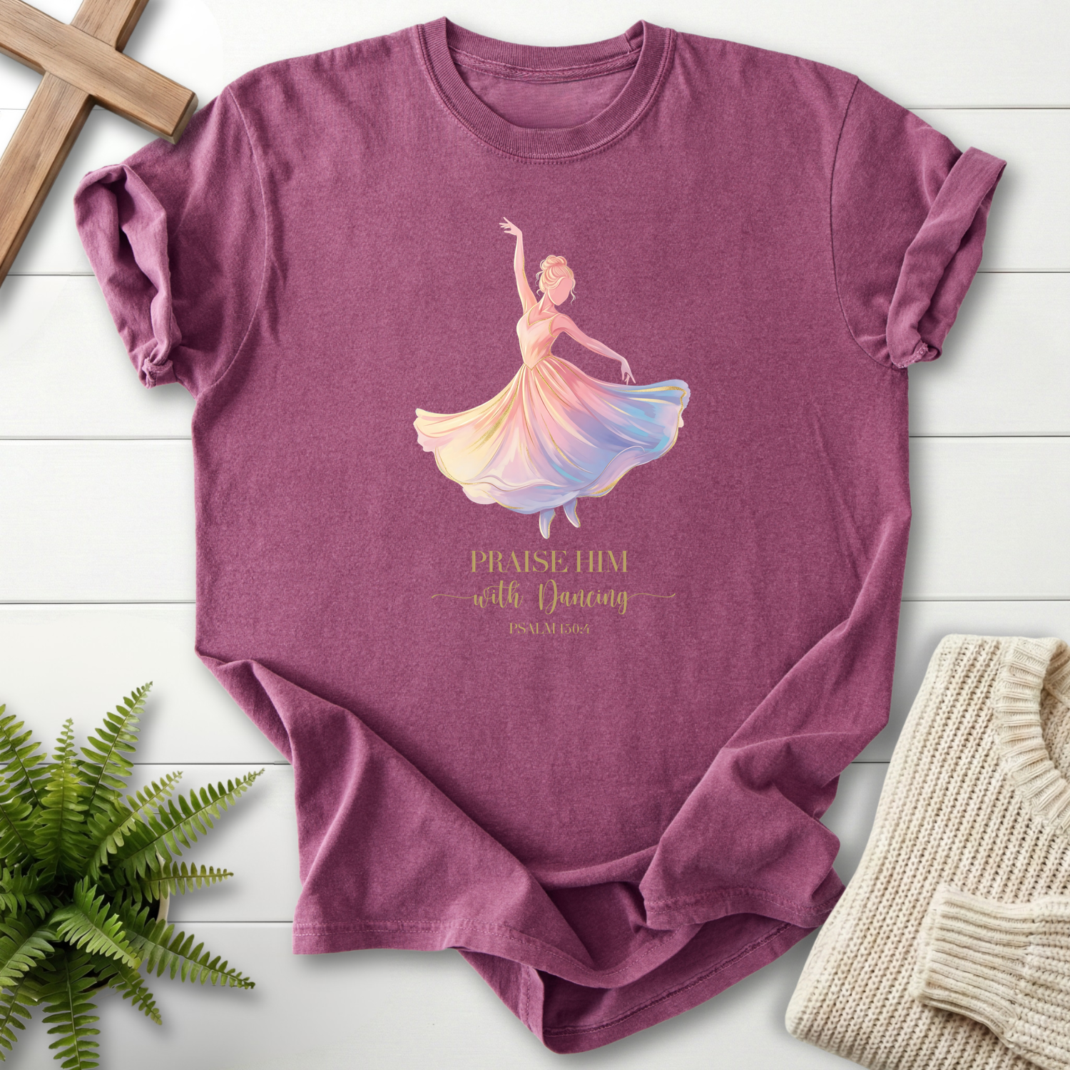 Berry women's faith t-shirt with rainbow-gowned worship dancer and "Praise Him with Dancing," inspired by Psalm 149:3.