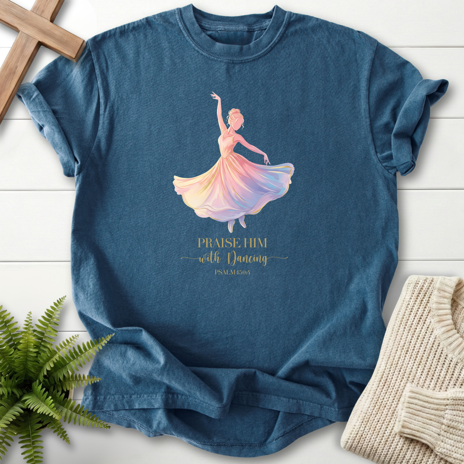 Midnight women's faith t-shirt with watercolor worship dancer illustration and "Praise Him with Dancing," inspired by Psalm 149:3.