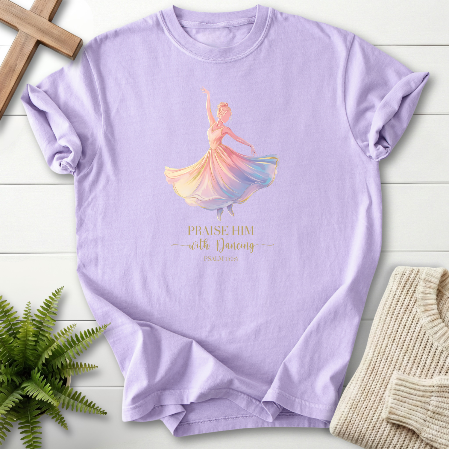 Orchid women's Christian t-shirt with watercolor dancer in a rainbow gown and "Praise Him with Dancing," inspired by Psalm 149:3.