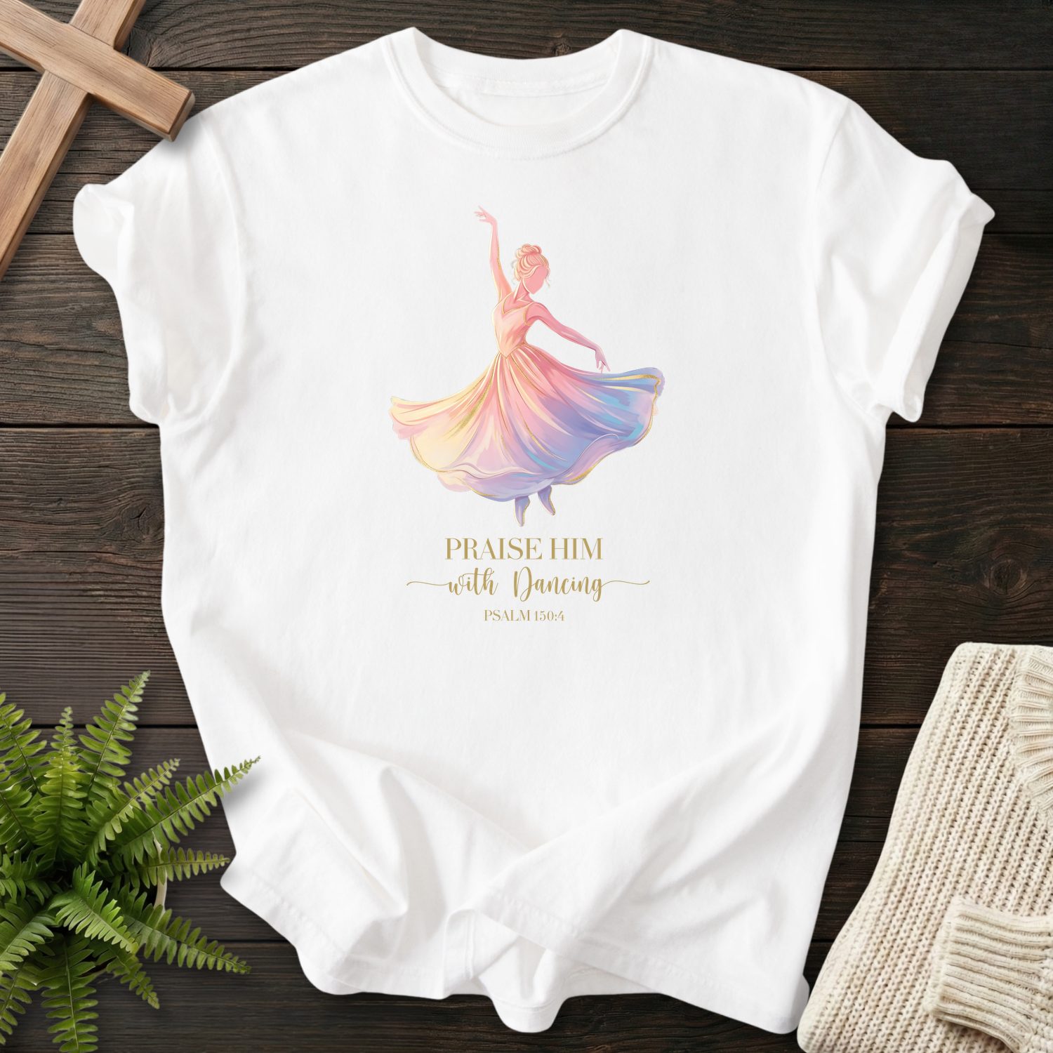 White women's Christian t-shirt with flowing watercolor dancer and "Praise Him with Dancing," inspired by Psalm 149:3.