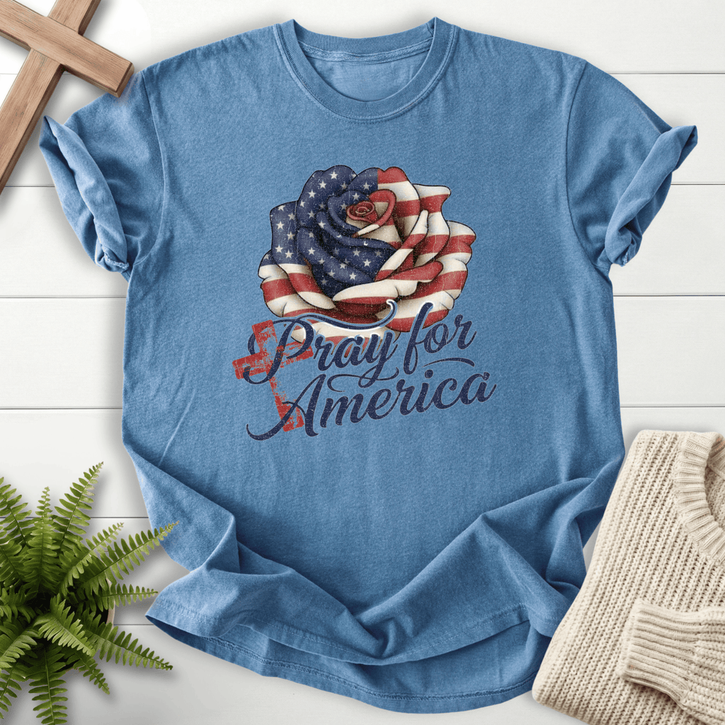 Blue Jean women's Christian t-shirt with stars and stripes rose and "Pray for America" bold script.