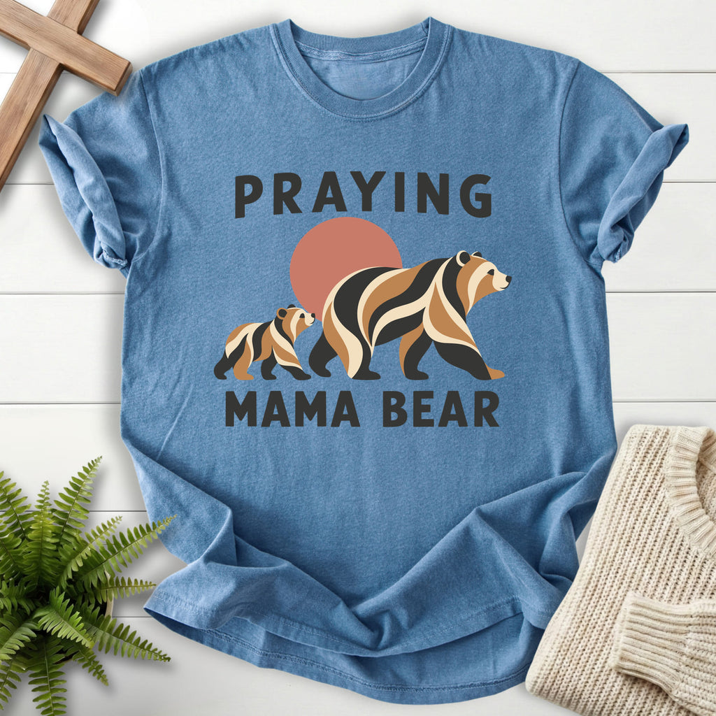 Blue Jean Praying Mama Bear T-shirt flat lay mockup, Christian apparel for women