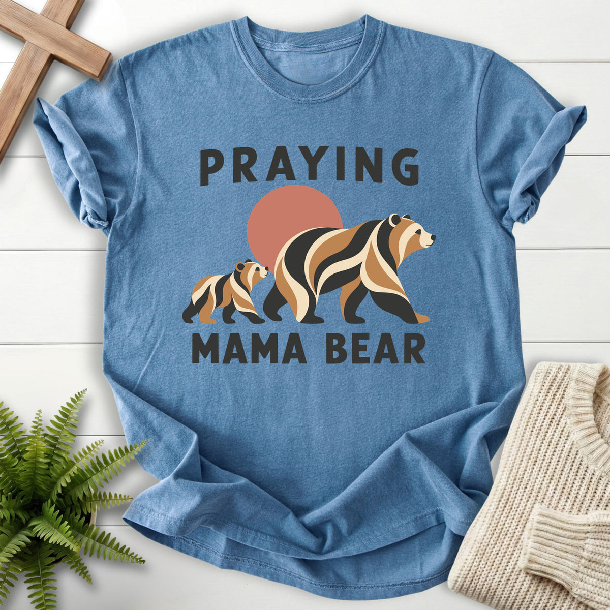 Blue Jean Praying Mama Bear T-shirt flat lay mockup, Christian apparel for women