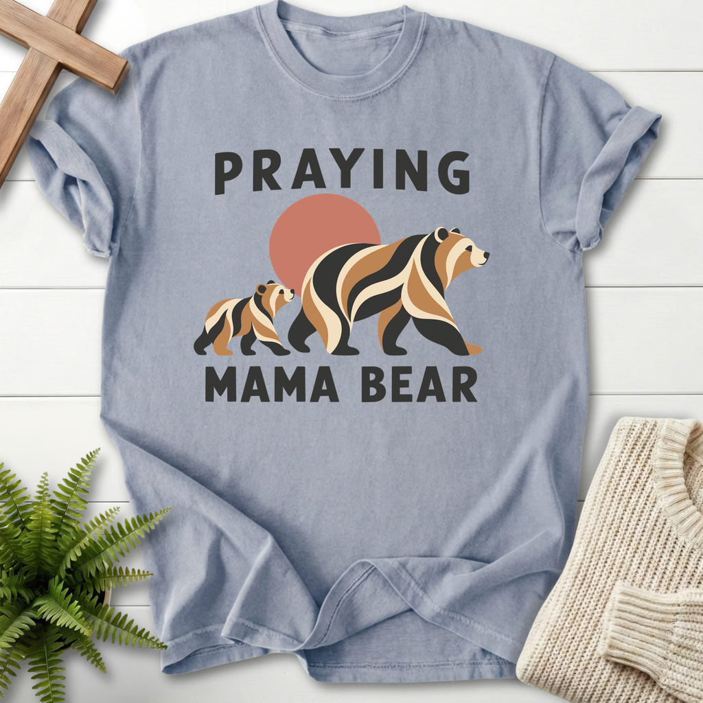 Granite Praying Mama Bear T-shirt flat lay mockup, Christian apparel for women