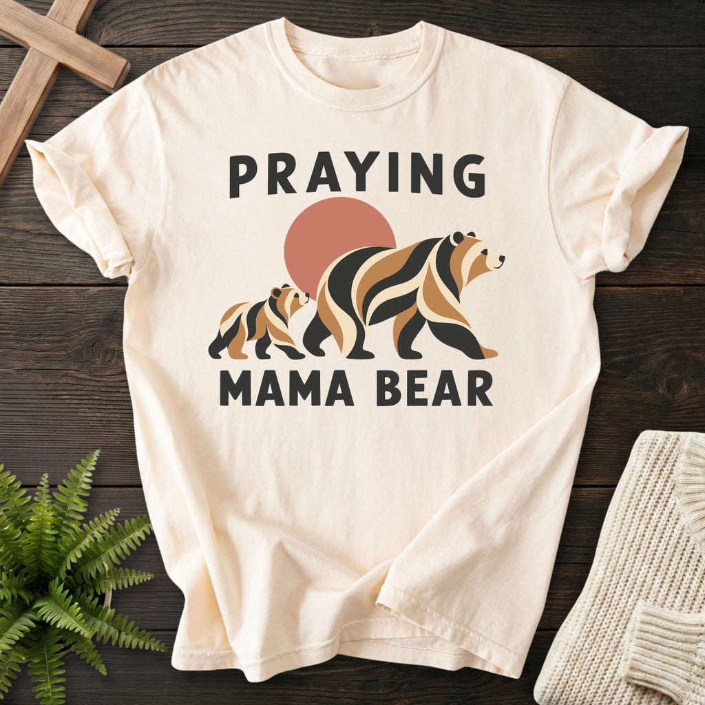 Ivory Praying Mama Bear T-shirt flat lay mockup, Christian apparel for women