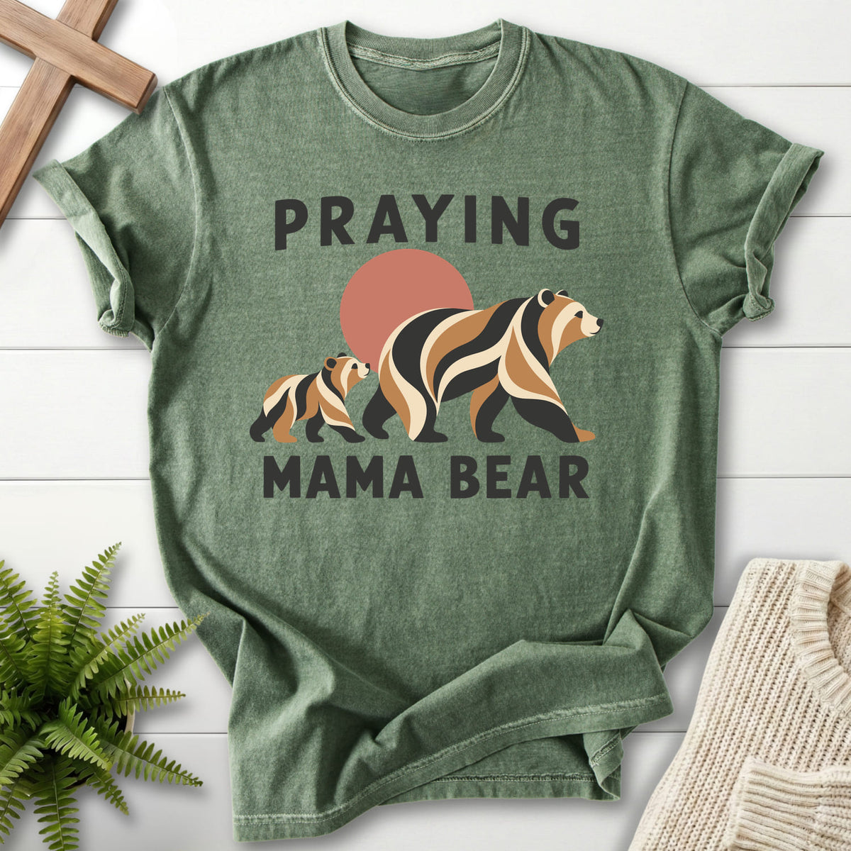 Moss Praying Mama Bear T-shirt flat lay mockup, Christian apparel for women