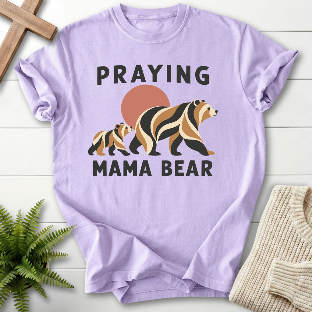 Orchid Praying Mama Bear T-shirt flat lay mockup, Christian apparel for women