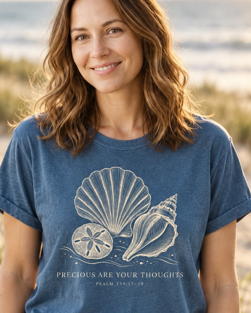 Precious Are Your Thoughts, Midnight women's Christian tee, lifestyle photo in seaside setting, Engraved scallop shell and sand dollar and conch, Psalm 139:17-18, She Wears Faith.