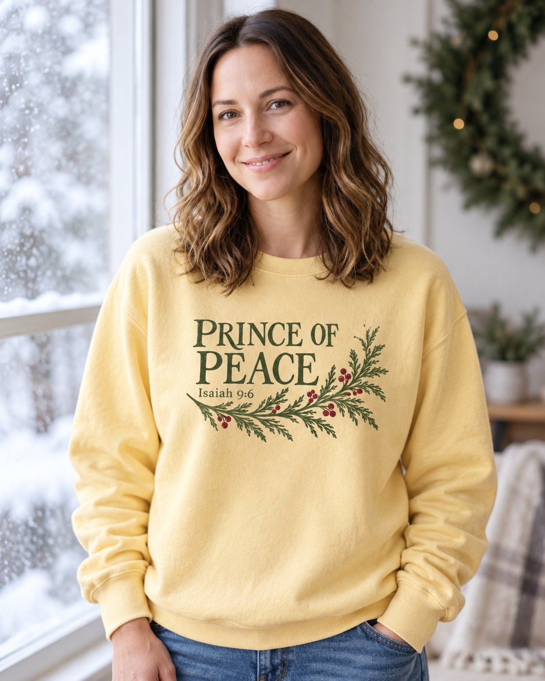 Prince of Peace, Butter women's Christian sweatshirt, lifestyle photo in cozy holiday setting, Green PRINCE OF PEACE with a star and holly sprig, She Wears Faith