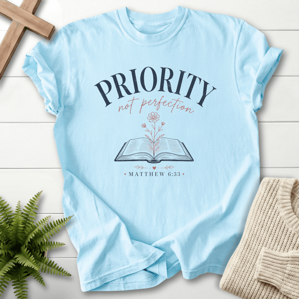 Priority Not Perfection Matthew 6:33 T-Shirt in Chambray | She Wears Faith