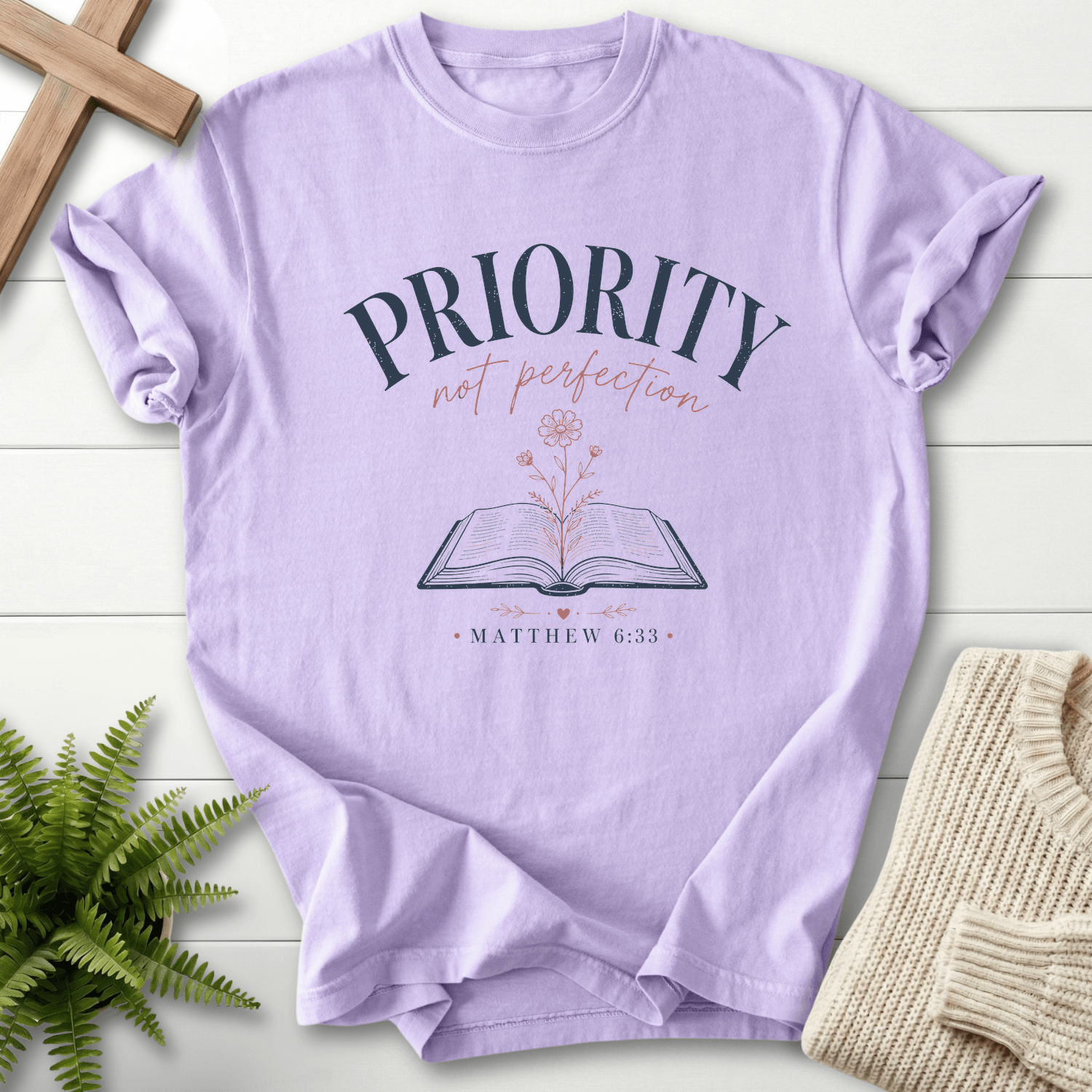 Priority Not Perfection Matthew 6:33 T-Shirt in Orchid | She Wears Faith