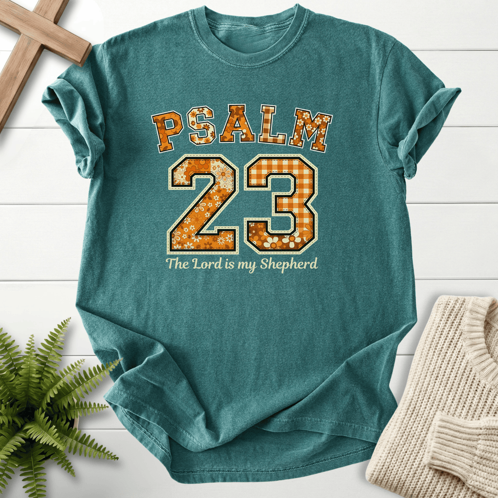 Blue Spruce women's Bible verse tee with patchwork Psalm 23 varsity graphic, inspired by Psalm 23.