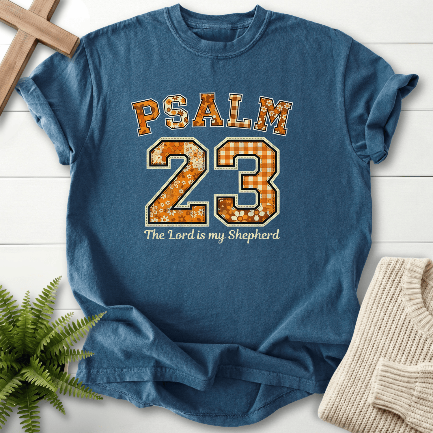Midnight women's Christian t-shirt with patchwork Psalm 23 lettering and shepherd scripture, inspired by Psalm 23.